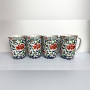 Vintage Japanese Arita Porcelain Shibata Floral Mugs Cups 4”H Gold Rims Set Of 4